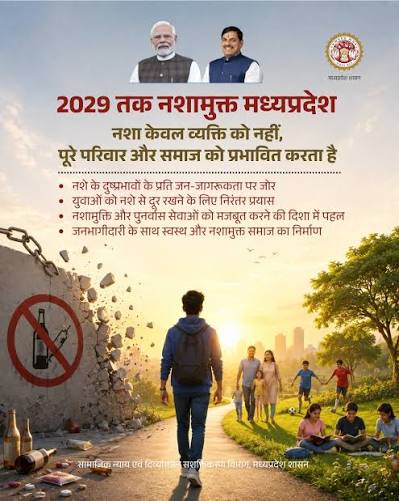 नशामुक्त मध्यप्रदेश की ओर बढ़ते कदम : जनभागीदारी, पुनर्वास और संकल्प से सामाजिक बदलाव प्रधानमंत्री  मोदी के आह्वान और मुख्यमंत्री डॉ. मोहन यादव के नेतृत्व में मध्यप्रदेश में नशामुक्त भारत अभियान को मिली नई गति